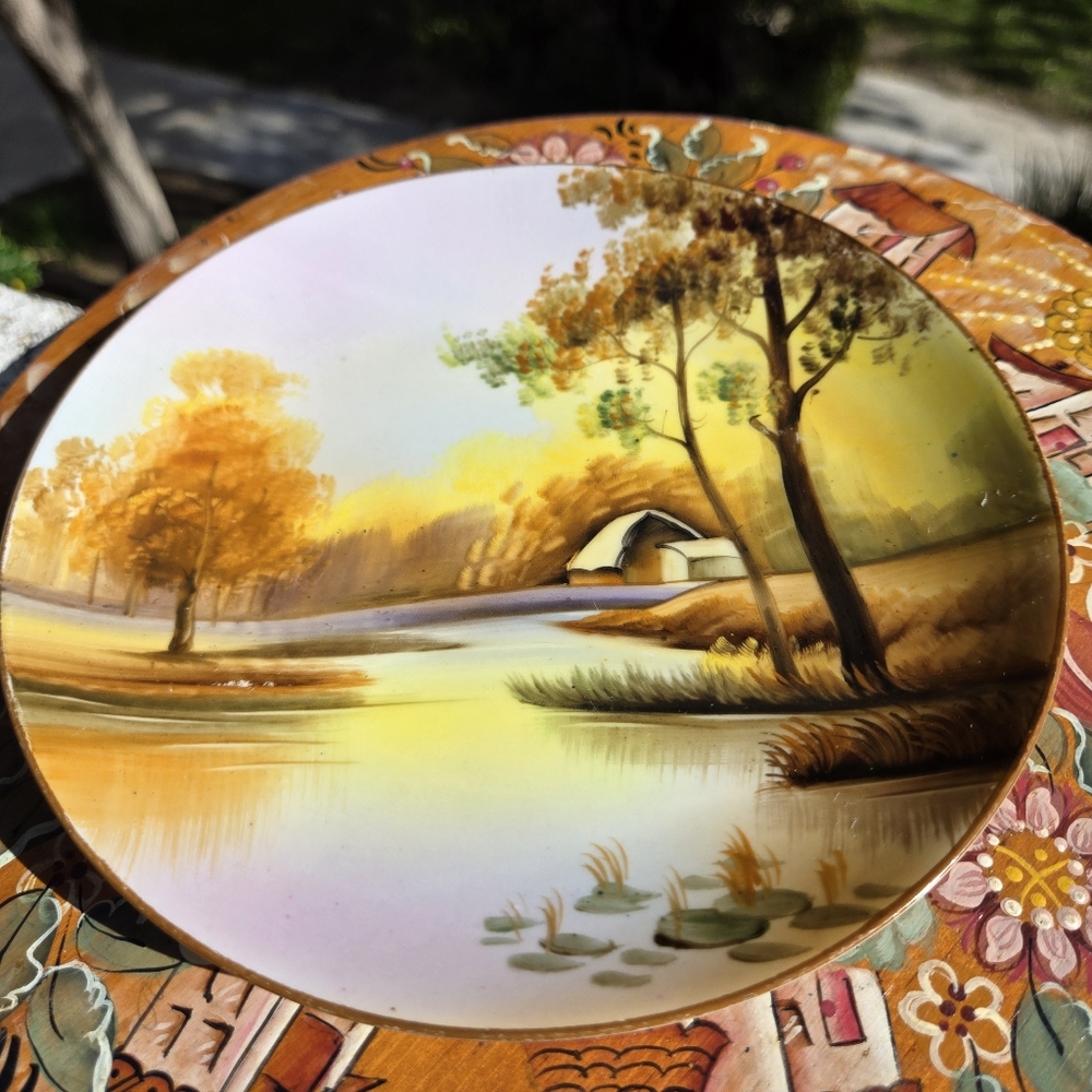 Antique Noritake‎ Sunset Lake Lemon Plate/ Catch-all Hand-painted Nippon 1920s